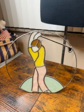 Vintage stained glass suncatcher golfer in a swing collectible
